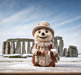 Snowman with Stonehenge in the background, Stonehenge is one of the most famous landmarks in England.