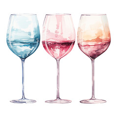 Colorful set glasses of wine watercolor illustration png isolated on a transparent background, drinks bar clipart