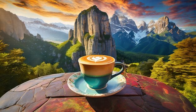 a cup of coffee latte takes center stage against a backdrop of towering mountains, embodying universal appeal and colorful aesthetics.