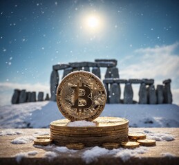 Digital currency physical golden bitcoin coin on Stonehenge background. Cryptocurrency mining concept.