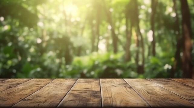The empty rustic wooden plank table top with blur background of jungle. Exuberant image. generative ai