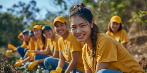 Group of young people in yellow t-shirts sitting on the ground and smiling