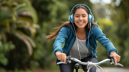 Smiling hispanic woman listening to music with headphones riding a bicycle