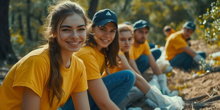 Group Of Young People In Yellow T-shirts Sitting On The Ground And Smiling