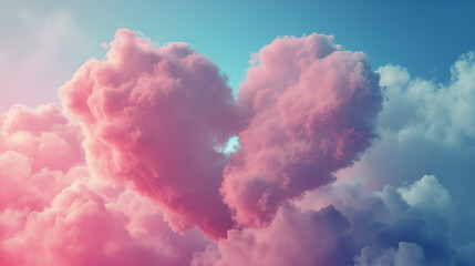 Pink, large, heart-shaped clouds blooming in the sky, kissing each other and making a heart, bathed in Valentine's Day sunshine, beautifully depicting love and romance