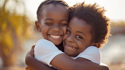 Cute happy african american siblings hugging