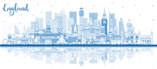 Outline England city skyline with blue buildings and reflections. Concept with historic architecture. England cityscape with landmarks. Bristol. Leeds. Sheffield. London. - obrazy, fototapety, plakaty