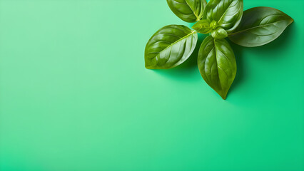 Fresh basil leaves on a vibrant green backdrop. Top view with space for text.