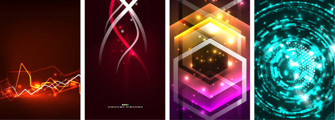 Neon glittering glowing light geometric shapes posters. Vector illustration For Wallpaper, Banner, Background, Card, Book Illustration, landing page