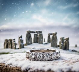 wedding rings on a snowy megalithic stone background - obrazy, fototapety, plakaty
