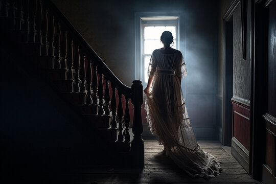 Horror, fantasy, interior concept. Scary, very old, dusty and abandoned house with stairs, wooden walls and window. Ghost looking dark woman silhouette in background