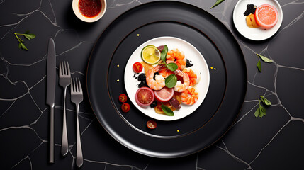 Elegant Gourmet Salad Served on a Stylish Black Plate in a Modern Restaurant