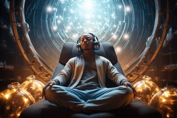 Young man meditating in futuristic setting with glowing lights. Modern relaxation and meditation. - obrazy, fototapety, plakaty