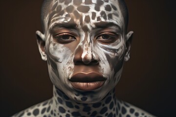 Person with artistic cheetah face paint on dark background. Creative makeup artistry.