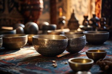 Tibetan singing bowls on ornate carpets in meditative setting. Spiritual and cultural heritage.