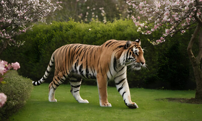 tiger walking in a garden with blossoms