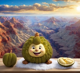 Cute little cactus character sitting on wooden table over Grand Canyon background