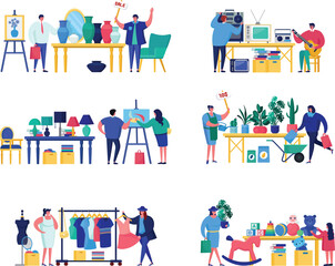 People at various flea market stalls selling items, electronics sale, garage sale with plants, customers shopping. Shopping, bargain hunting, secondhand goods sales vector illustration.