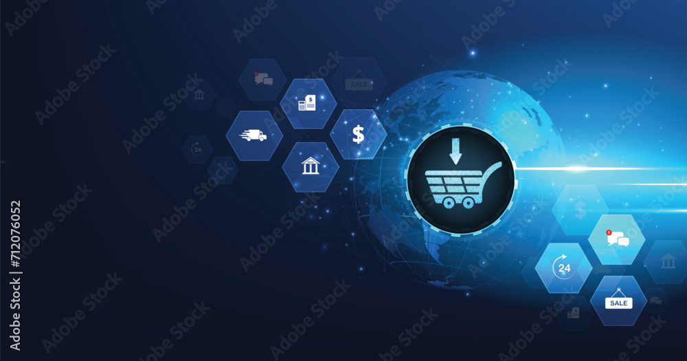 Leinwandbilder online business and internet trading concept. a virtual image cart on a dark blue background conveys