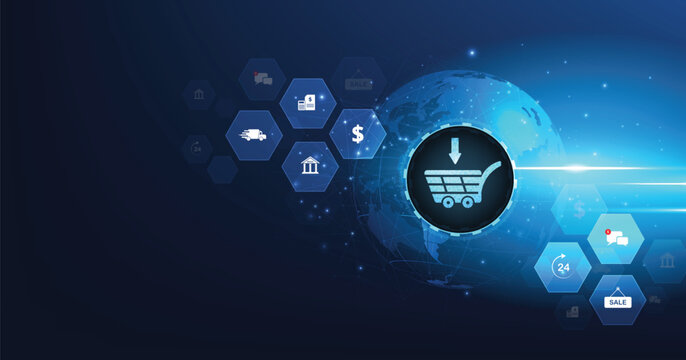Online business and Internet trading concept. A virtual image cart on a dark blue background conveys purchasing products and services via the Internet.	
