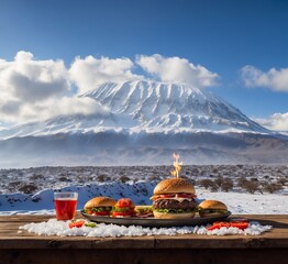 Two hamburgers and a glass of juice on a wooden table against the background of the volcano