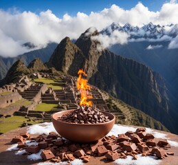 Ceramic bowl full of chocolate chips on a wooden table with mountains background