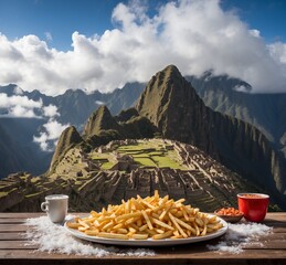 French fries and a hot drink on wooden table in front of Machu Picchu ruins