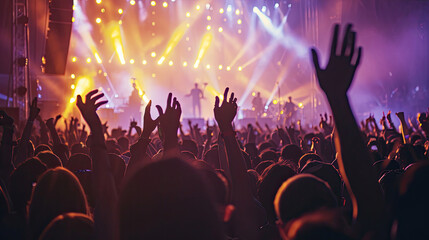 Crowd with raised hands at concert - summer music festival