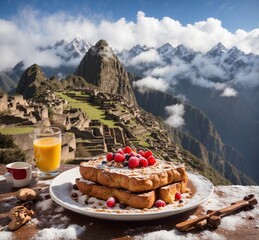 French toast with berries and orange juice on a wooden table in the mountains