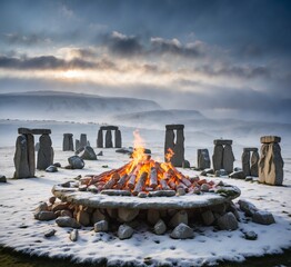 Stonehenge in Iceland during winter with a red bonfire at sunset