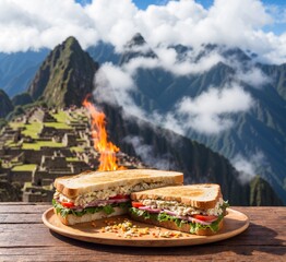 Sandwiches with ham, cheese, and vegetables on the background of the mountains