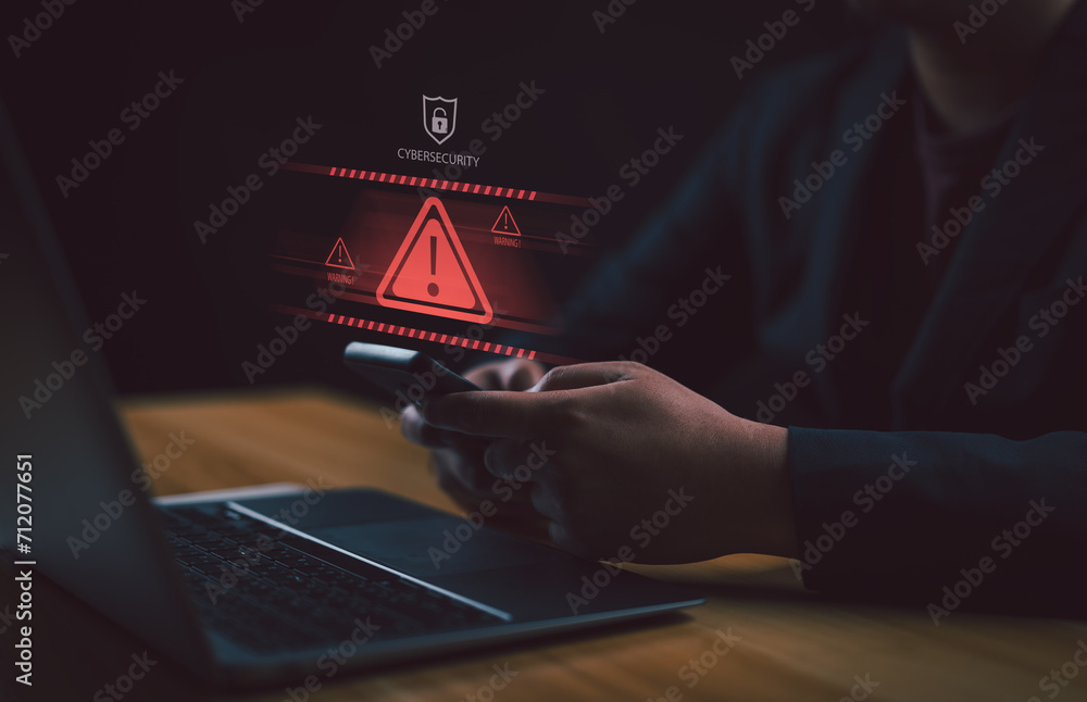 Poster System warning hacked alert, cyberattack on smartphone network. Cybersecurity vulnerability, data breach, illegal connection, compromised information concept. Malicious software, virus and cybercrime.