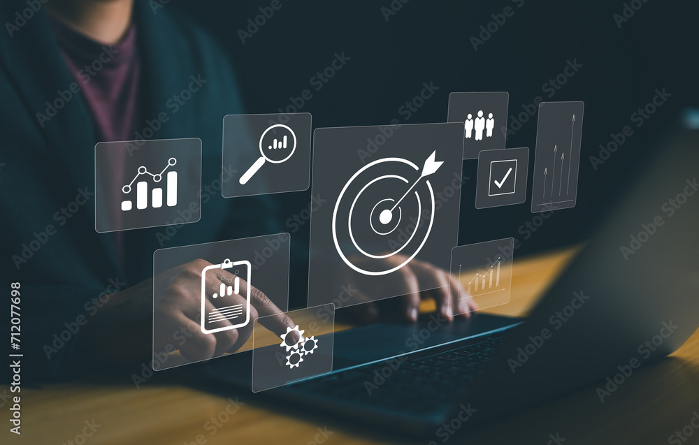 Poster targeting the business concept, target with digital marketing icons on virtual screen internet netwo