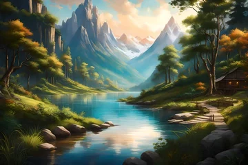 Raamstickers Step into a scene of natural elegance—a narrow river flowing gracefully amid trees and vibrant greenery, with a majestic mountain standing tall against the backdrop © Muhammad
