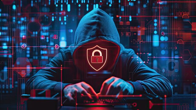 hacker front of his computer committing digital cybercrime