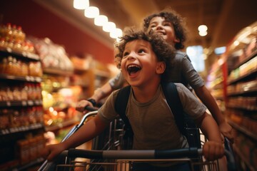 photo of children having fun at the grocery store - obrazy, fototapety, plakaty
