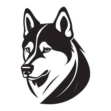 Dog face logo icon. Pet, family, wool, breed, paws, tail, barking, purring, guard, watchdog, guide, courtship, care, training. Vector icon in line, black and white style