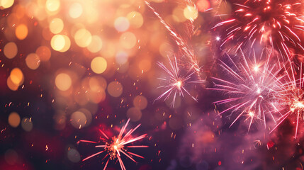 Fototapeta premium Fireworks at New Year and copy space - abstract holiday background
