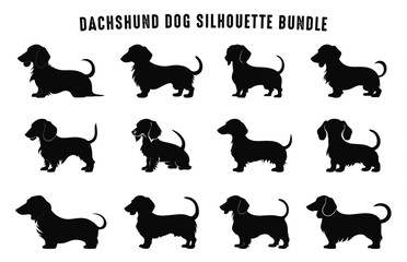 Dachshund Dog Silhouettes black vector Set, Black Silhouette of Dogs Clipart Bundle