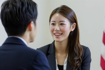 笑顔で同僚と談笑する会社員の日本人女性の会社員（商談・会議・ランチ・OL）