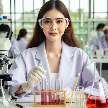 A young girl wearing lab coat and goggles doing a titration of chemistry experiment in a standard chemical laboratory 