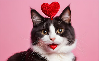 Valentien's day, cat, heart, simple background. Generative AI