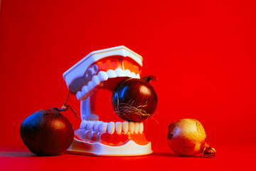 Bad Breath After Eating Onion Concept Health Image. Funny dental health conceptual wallpaper of a...