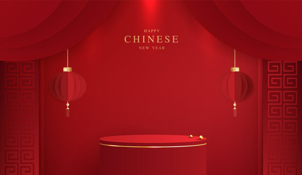 Podium stage chinese style for chinese new year and festivals or mid autumn festival with red background. mock up stage with festive lanterns and clouds. vector design.