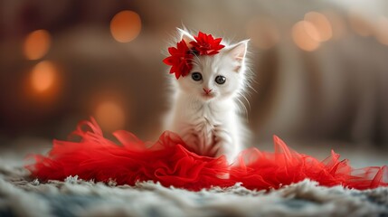 White kitten standing on red dress, with red flower on her head, 