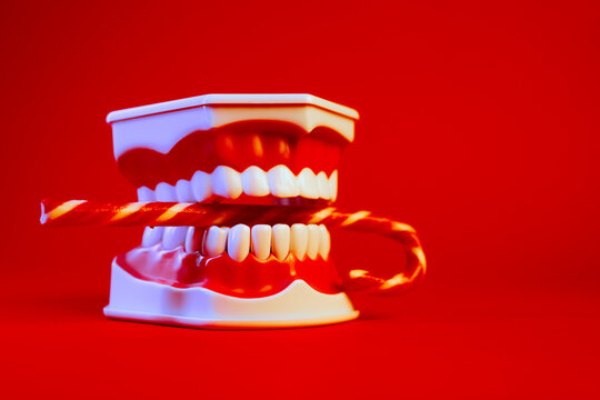 Teeth Holding Candy Damaging their Health Concept Image. Dental health conceptual wallpaper of a mouth with sugary desserts 
