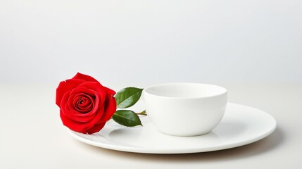 Obraz na płótnie Canvas Captivating Valentines Day Dinner Scene with a Red Rose on a White Dish - Perfect Romantic Meal Isolated on a Background with Copy-Space for Your Love Messages and Promotional Content