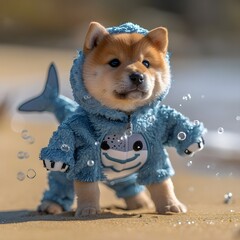 Shiba inu puppy donning an elaborate shark costume