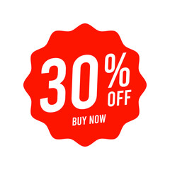 Discounts 30 percent off. Red template on white background. Vector illustration