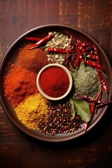 Various spices in rounded tray overhead view.